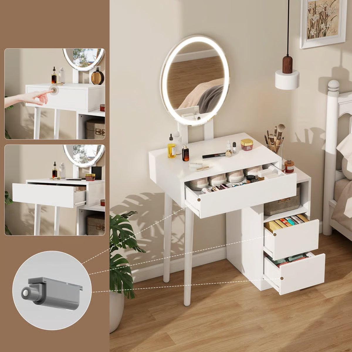 Space-Saving Small Makeup Vanity Table with Adjustable Lighted Mirror