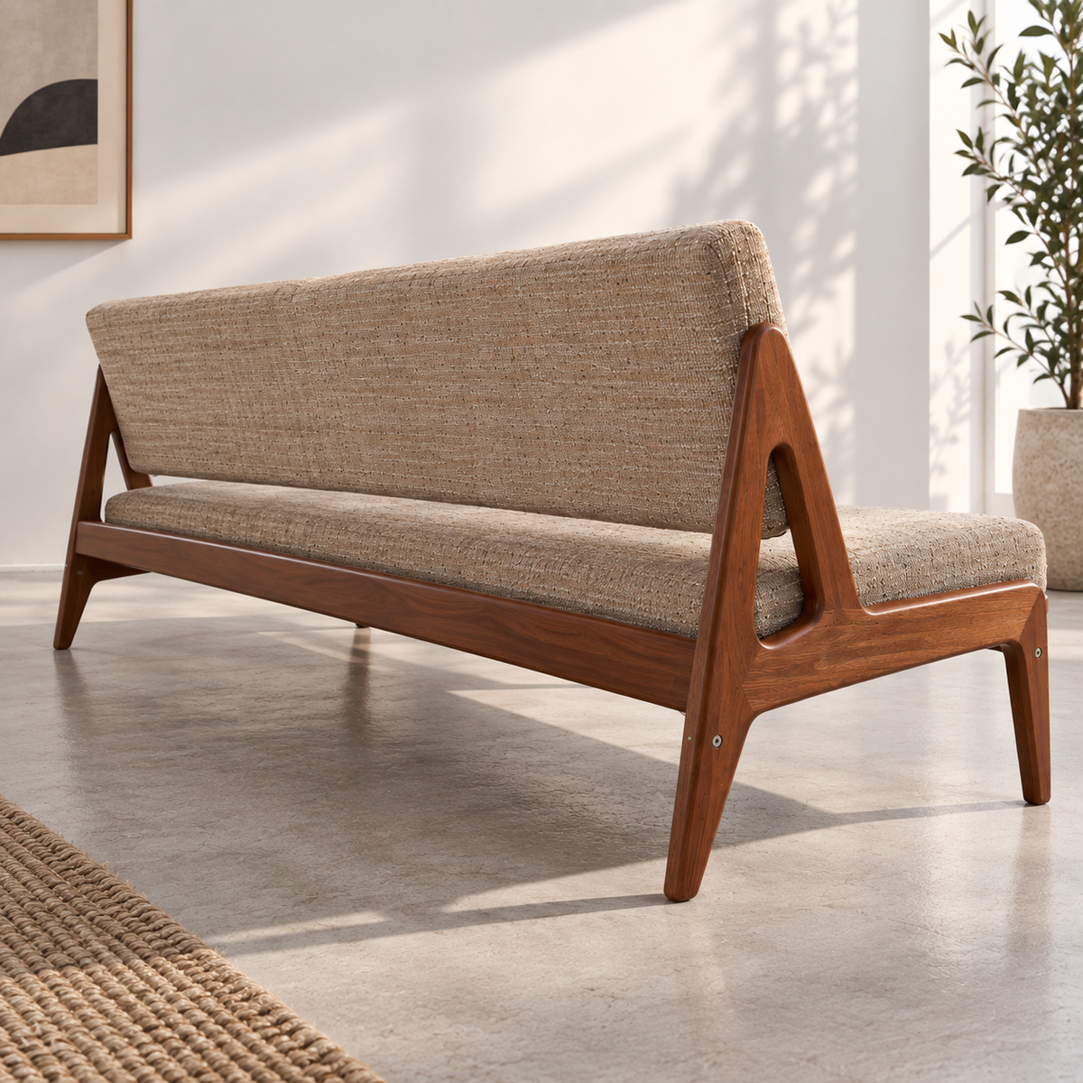 Solid Wood 3 Seater Sofa with Beige Upholstery | Mid-Century Modern Wooden Sofa with Sculpted A-Frame Legs for Living Room
