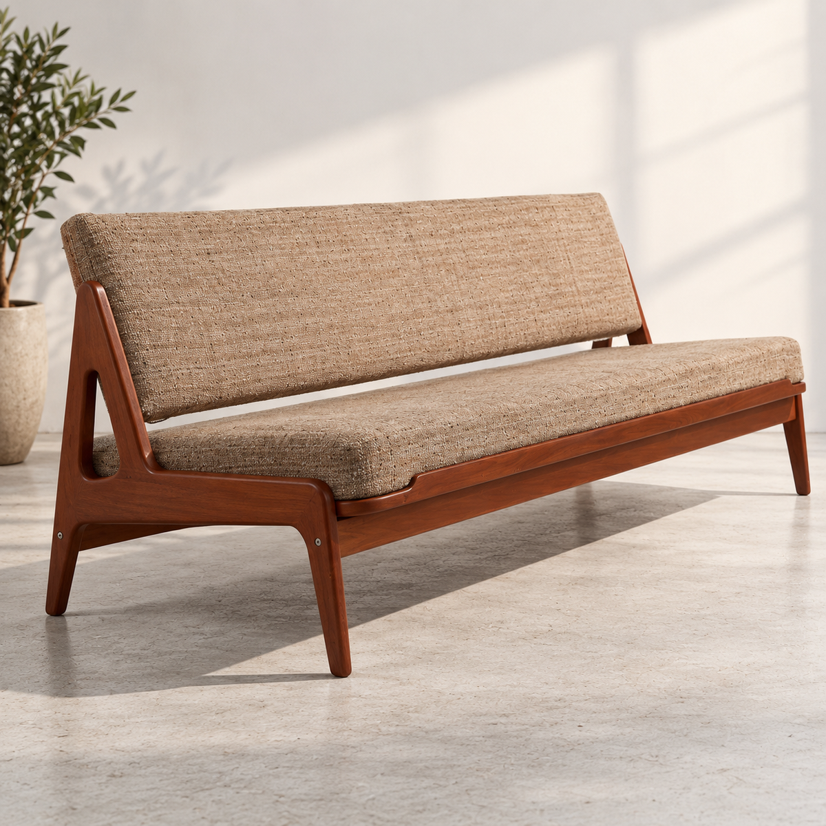 Solid Wood 3 Seater Sofa with Beige Upholstery | Mid-Century Modern Wooden Sofa with Sculpted A-Frame Legs for Living Room