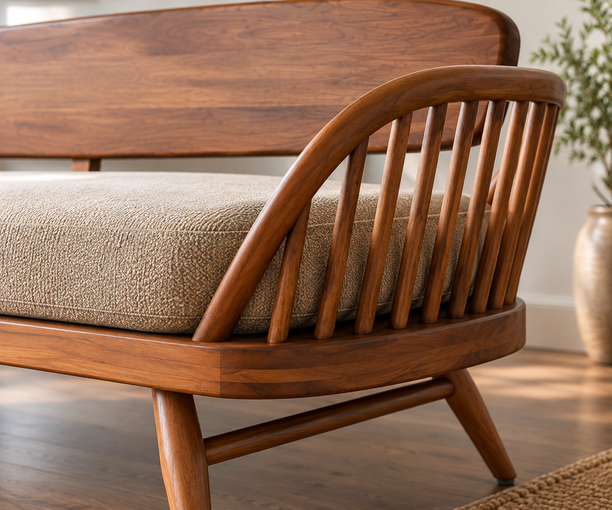 Solid Wood Mid-Century Modern Sofa  3 Seater Wooden Sofa with Cane Spindle Arms, Beige Cushion & Tapered Legs for Living Room
