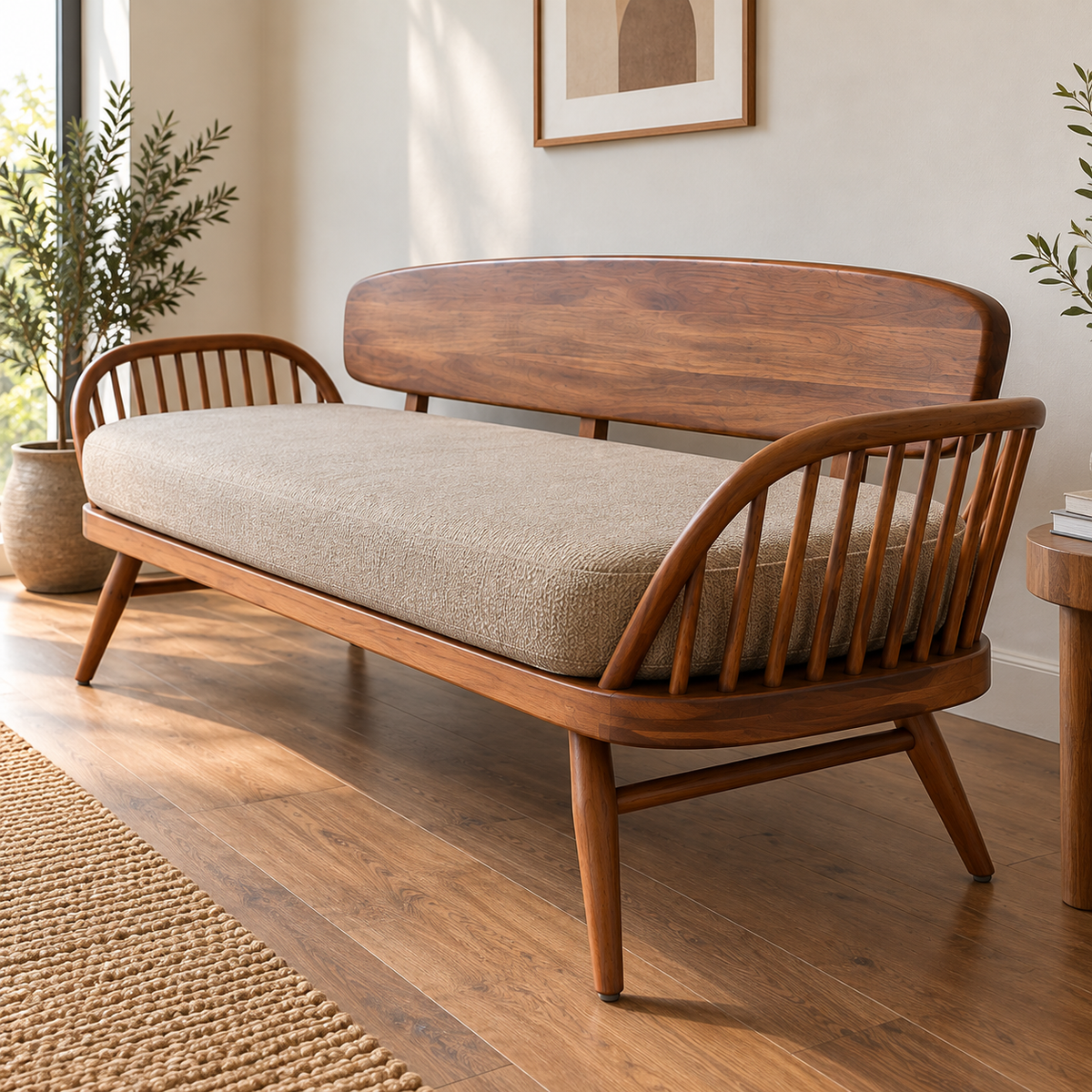 Solid Wood Mid-Century Modern Sofa  3 Seater Wooden Sofa with Cane Spindle Arms, Beige Cushion & Tapered Legs for Living Room