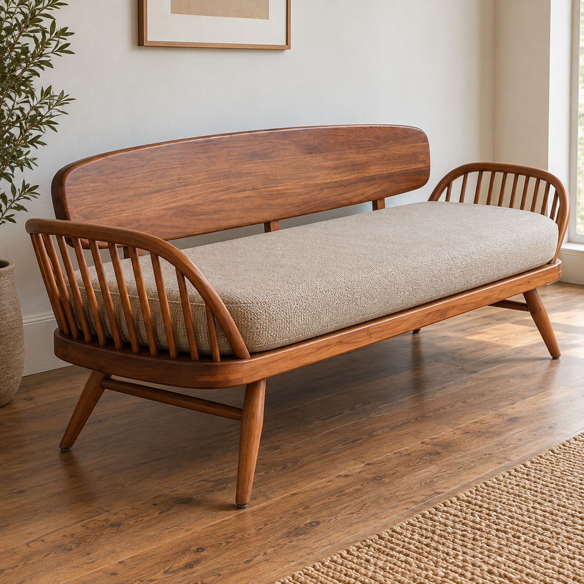 Solid Wood Mid-Century Modern Sofa  3 Seater Wooden Sofa with Cane Spindle Arms, Beige Cushion & Tapered Legs for Living Room