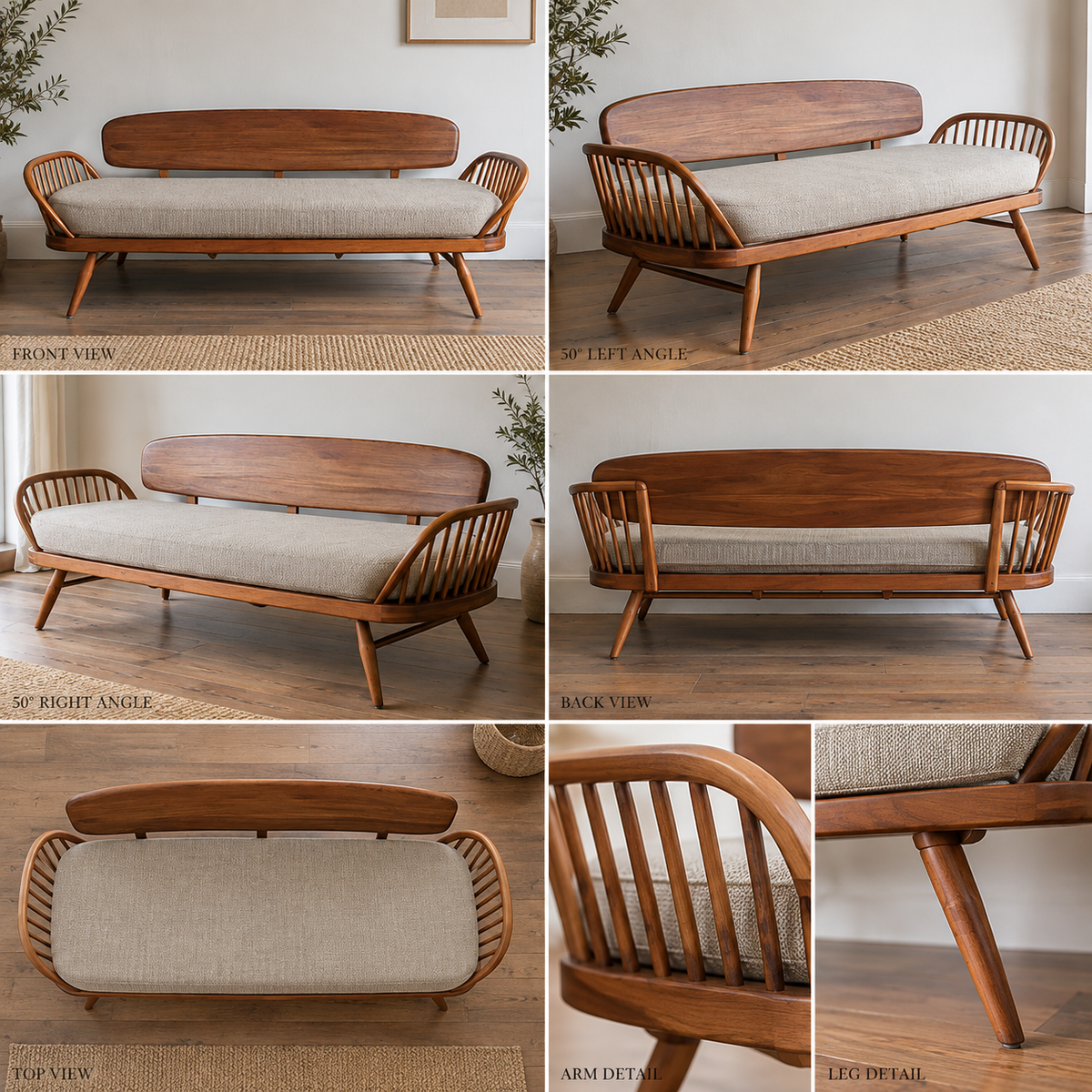 Solid Wood Mid-Century Modern Sofa  3 Seater Wooden Sofa with Cane Spindle Arms, Beige Cushion & Tapered Legs for Living Room