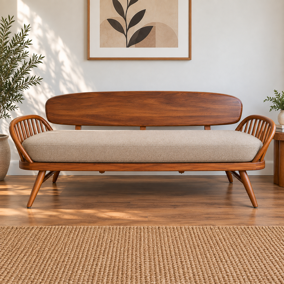 Solid Wood Mid-Century Modern Sofa  3 Seater Wooden Sofa with Cane Spindle Arms, Beige Cushion & Tapered Legs for Living Room