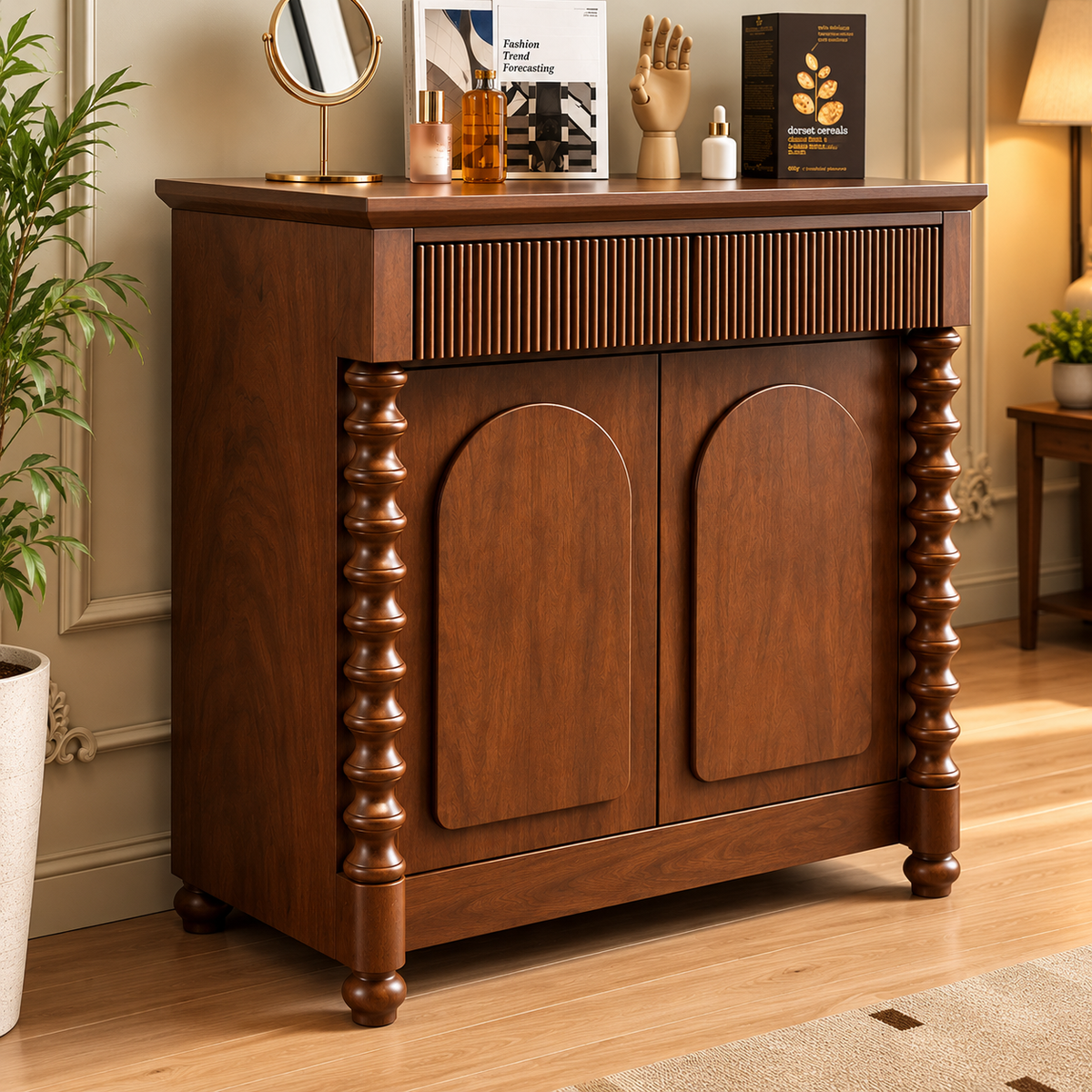 Solid Wood Storage Cabinet with 2 Doors, Fluted Front, Arched Panels & Carved Legs