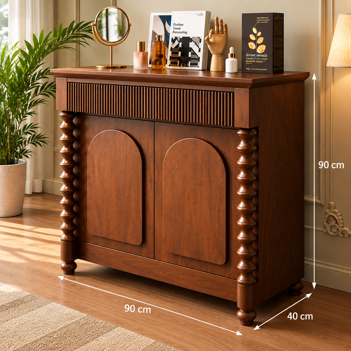 Solid Wood Storage Cabinet with 2 Doors, Fluted Front, Arched Panels & Carved Legs