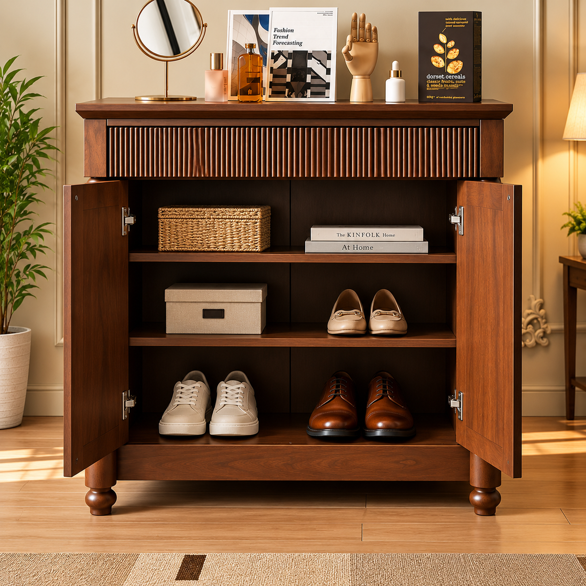 Solid Wood Storage Cabinet with 2 Doors, Fluted Front, Arched Panels & Carved Legs