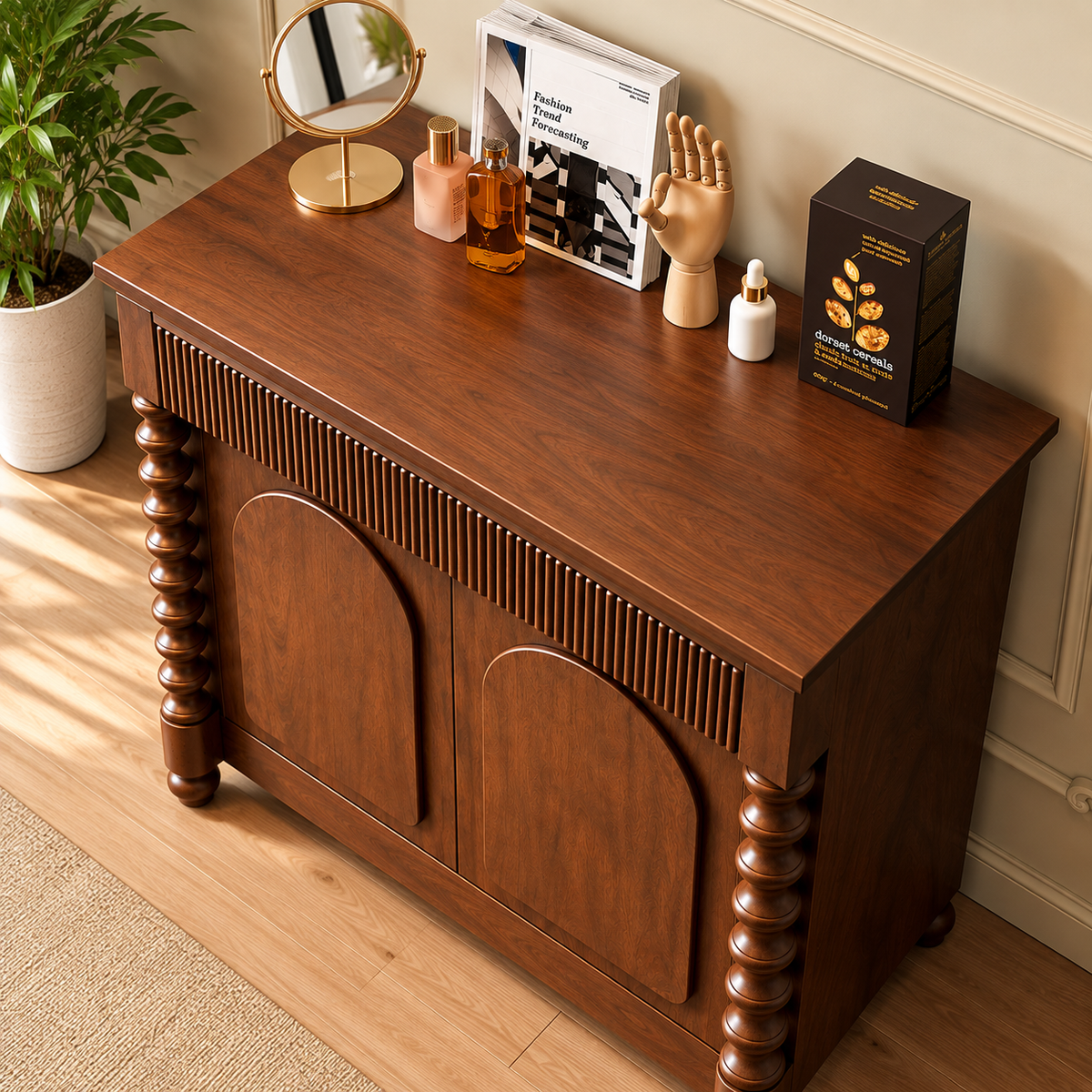 Solid Wood Storage Cabinet with 2 Doors, Fluted Front, Arched Panels & Carved Legs