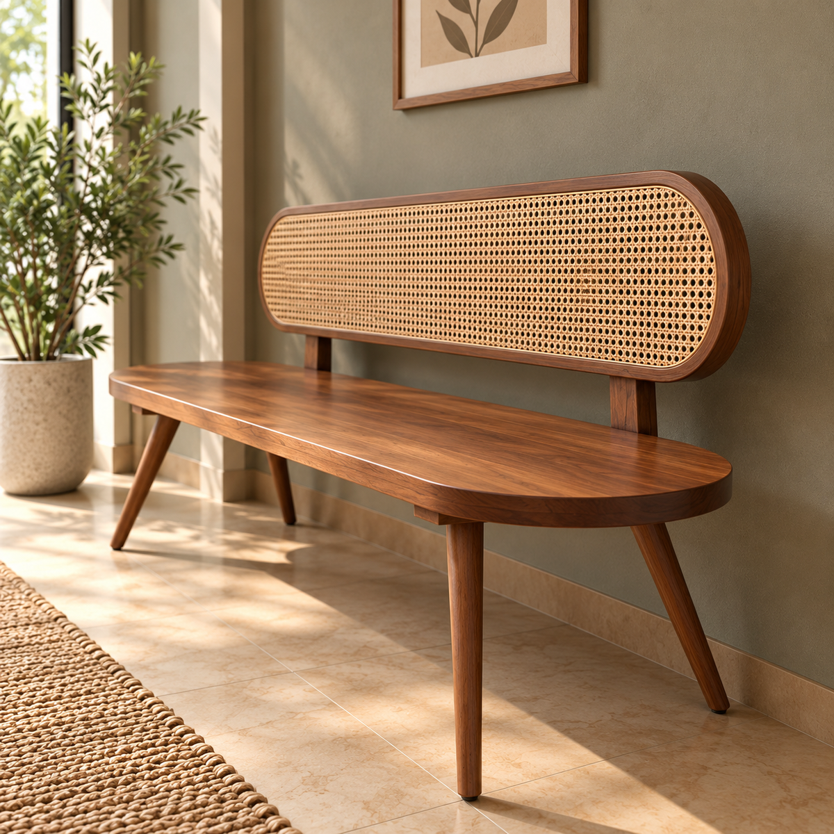 Solid Wooden Cane Bench for Living Room  Mid-Century Modern 3 Seater Sofa Bench with Rattan Backrest, Walnut Finish & Tapered Legs