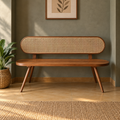 Solid Wooden Cane Bench for Living Room  Mid-Century Modern 3 Seater Sofa Bench with Rattan Backrest, Walnut Finish & Tapered Legs