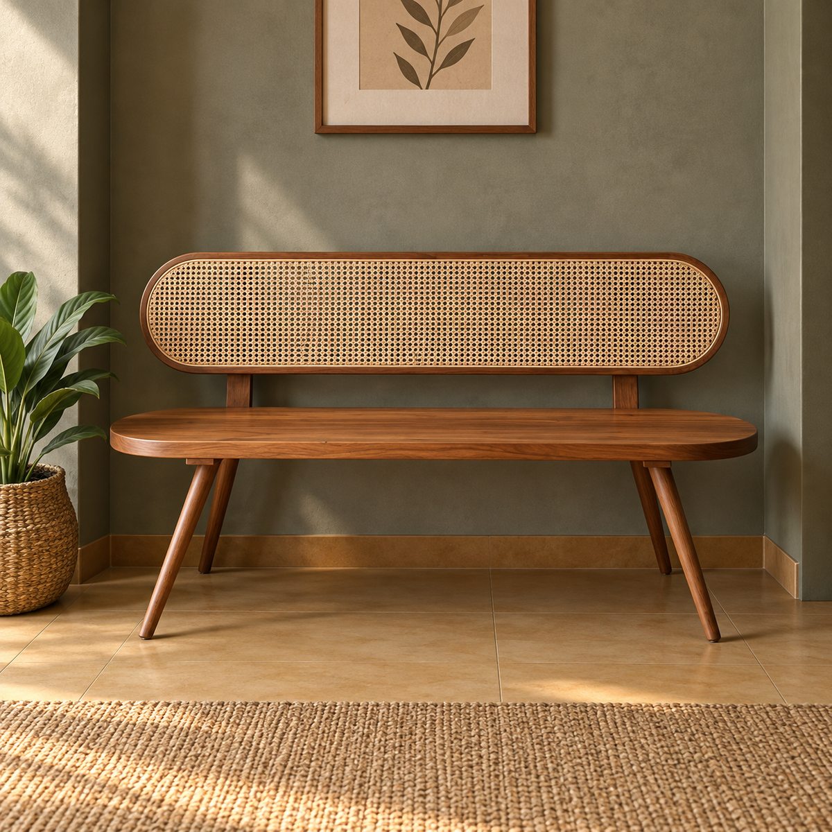 Solid Wooden Cane Bench for Living Room  Mid-Century Modern 3 Seater Sofa Bench with Rattan Backrest, Walnut Finish & Tapered Legs