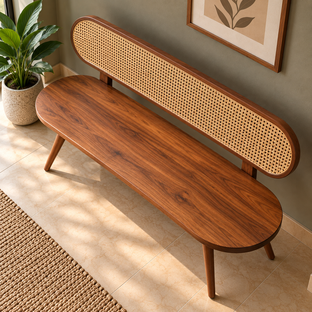 Solid Wooden Cane Bench for Living Room  Mid-Century Modern 3 Seater Sofa Bench with Rattan Backrest, Walnut Finish & Tapered Legs