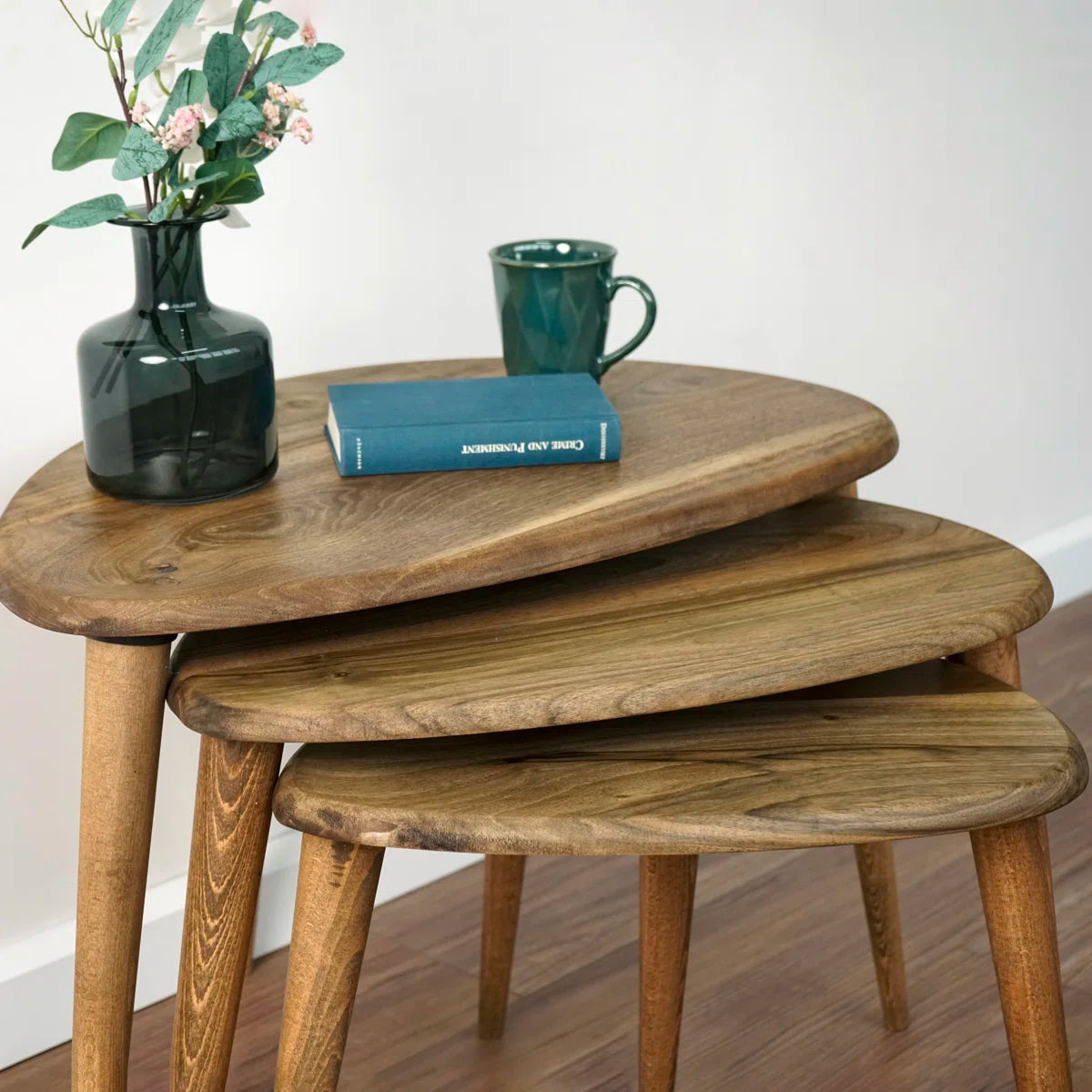 Solid Wood 3 Legs Nesting Tables -Walnut