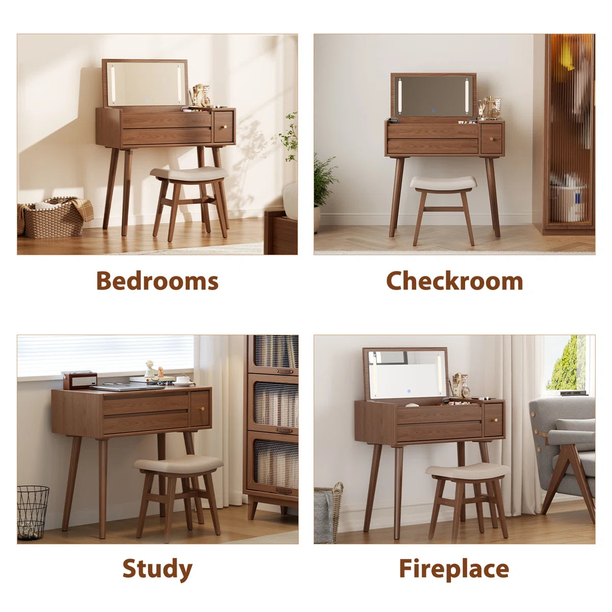 32" Solid Wood Flip-Up Mirror Vanity Desk with LED Lighting & Storage