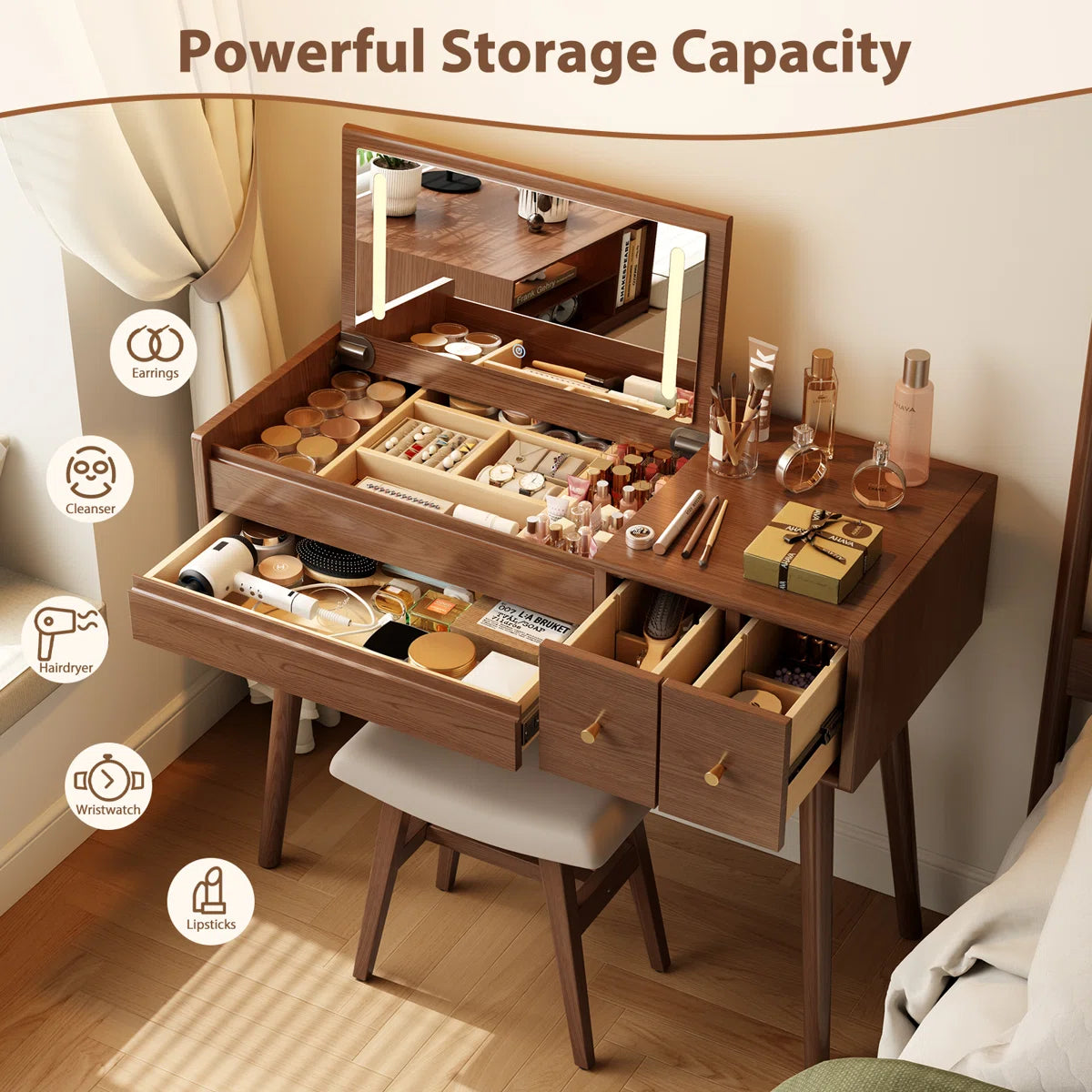 32" Solid Wood Flip-Up Mirror Vanity Desk with LED Lighting & Storage