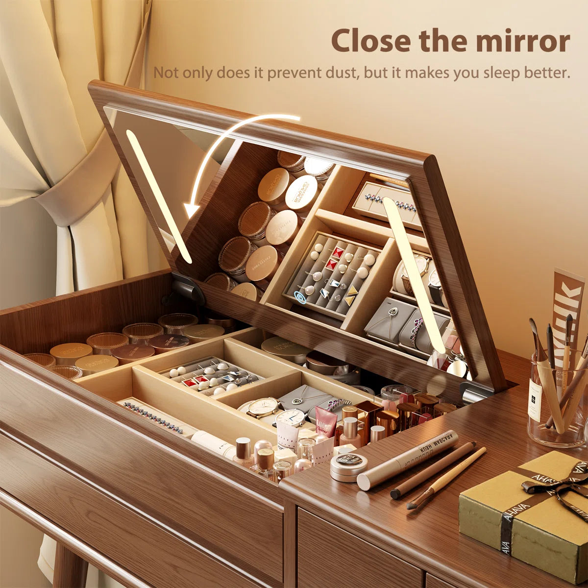 32" Solid Wood Flip-Up Mirror Vanity Desk with LED Lighting & Storage