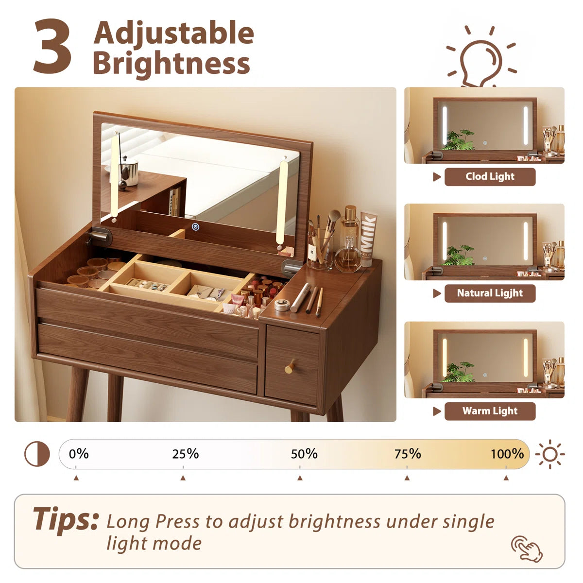 32" Solid Wood Flip-Up Mirror Vanity Desk with LED Lighting & Storage