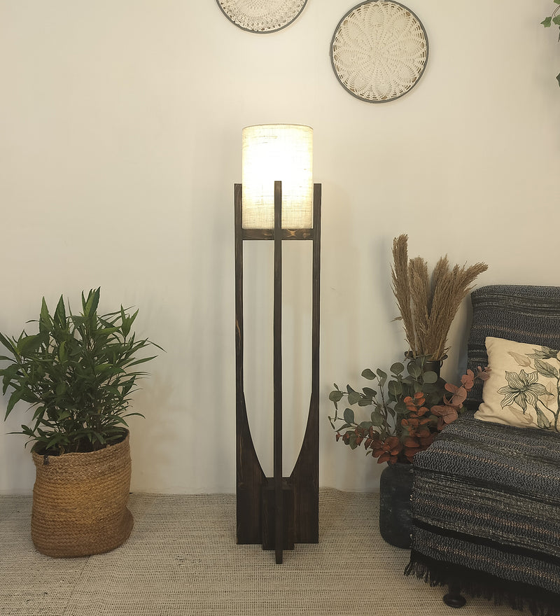 Solitaire-Brown-Wooden-Floor-Lamp-1_66dc9b3f-1953-4788-ac95-3083fda522e4.jpg Wooden Floor Lamp with Brown Base and White Fabric Lampshade (BULB NOT INCLUDED) - Image 1
