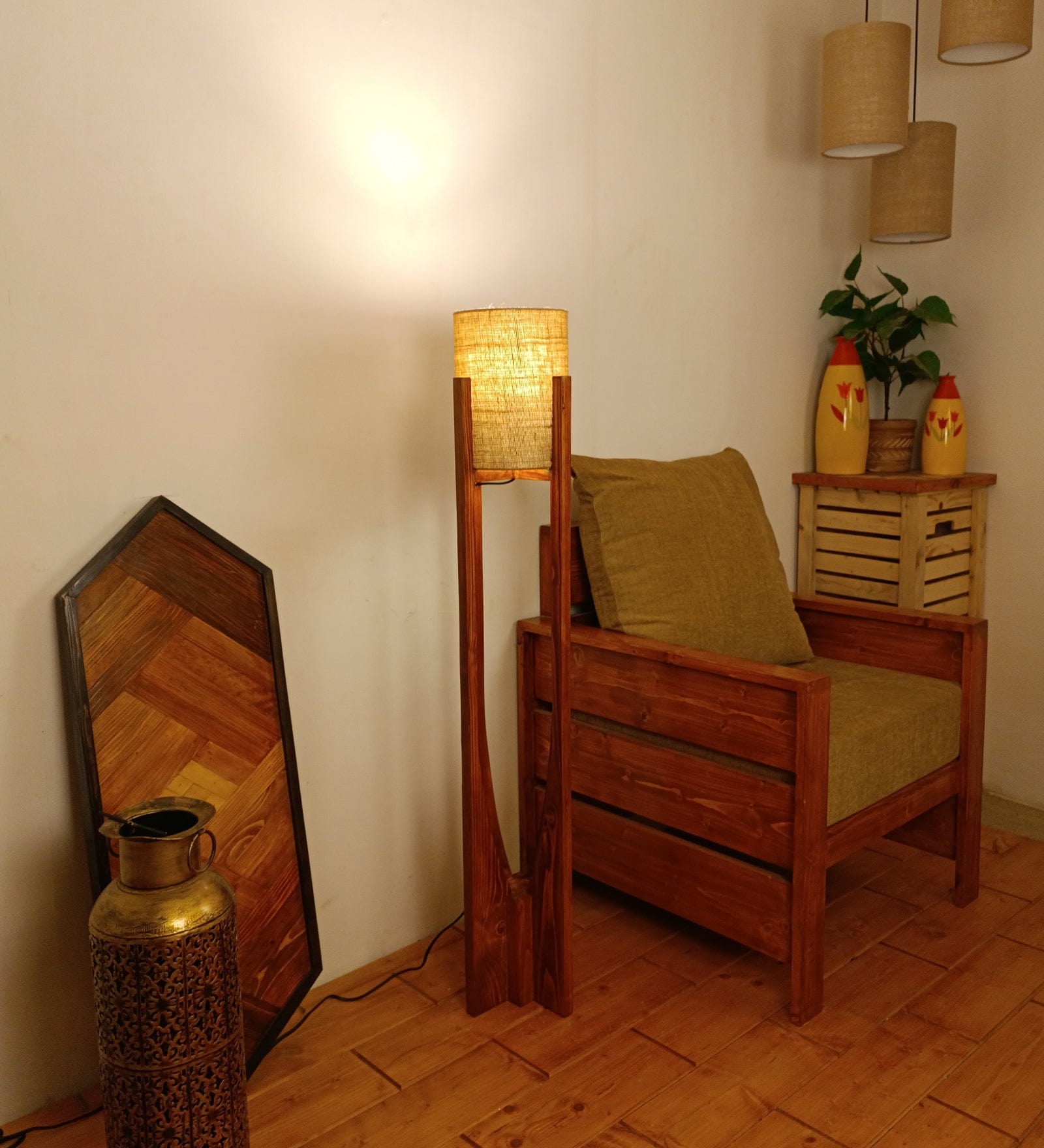 Solitaire Wooden Floor Lamp with Brown Base and White Fabric Lampshade (BULB NOT INCLUDED)