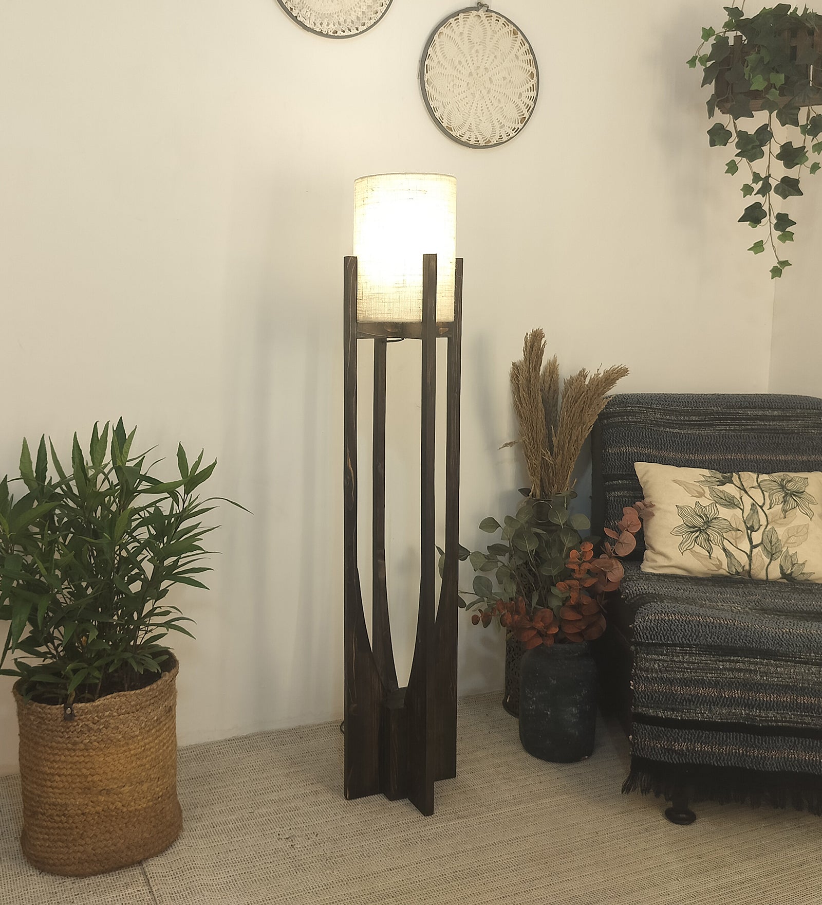 Solitaire Wooden Floor Lamp with Brown Base and White Fabric Lampshade (BULB NOT INCLUDED)