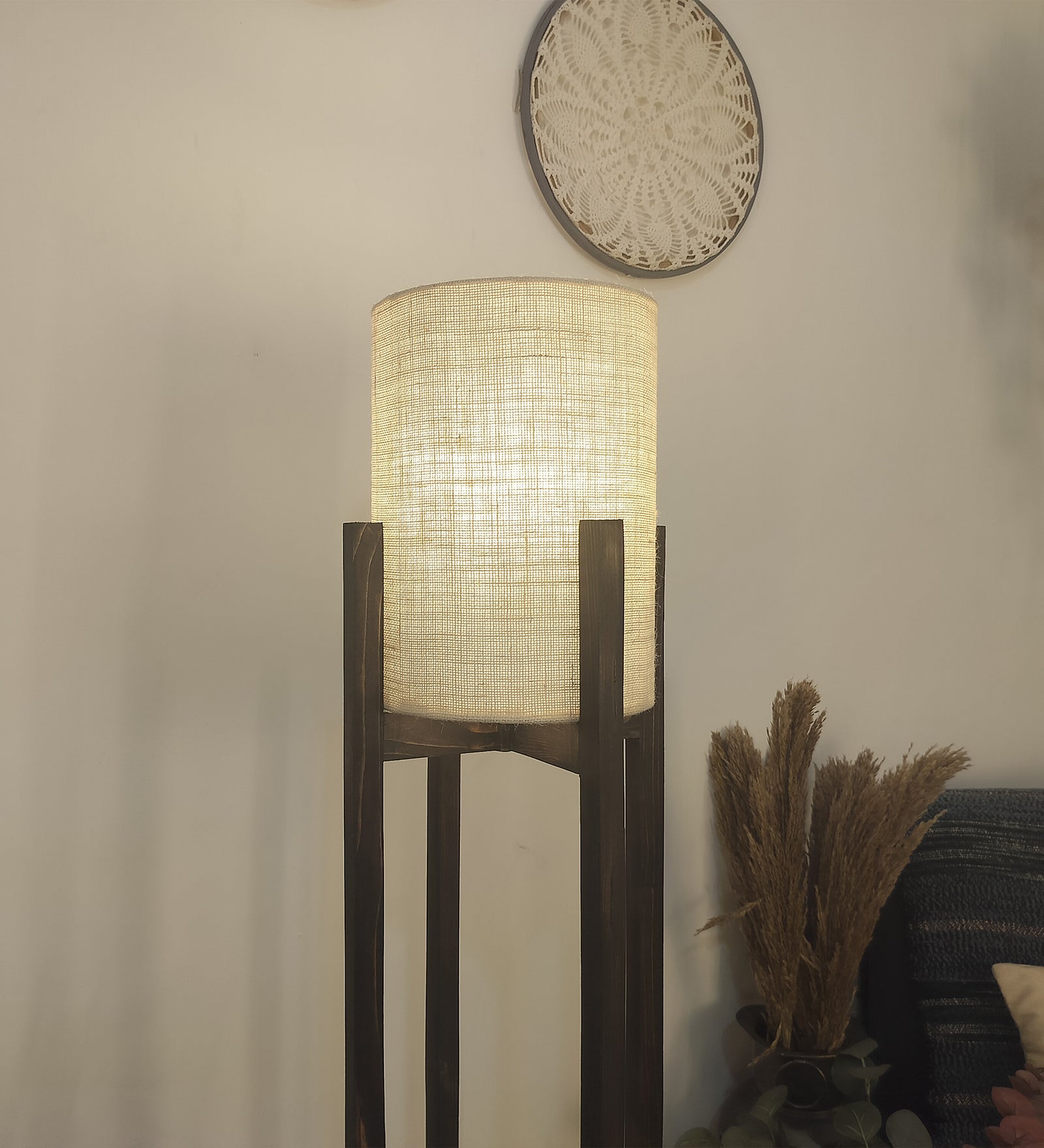 Solitaire Wooden Floor Lamp with Brown Base and White Fabric Lampshade (BULB NOT INCLUDED)