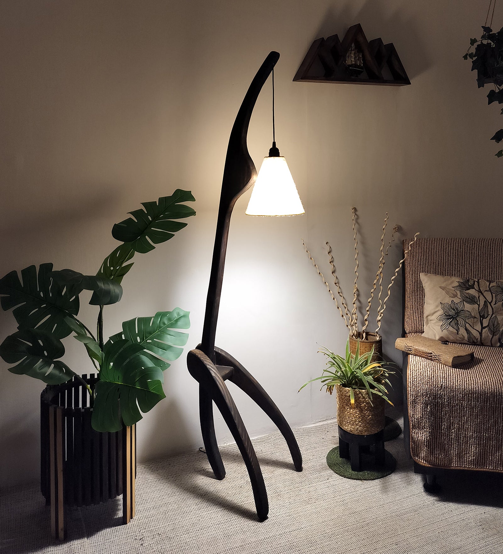 Species Wooden Floor Lamp with Brown Base and Jute Fabric Lampshade (BULB NOT INCLUDED)