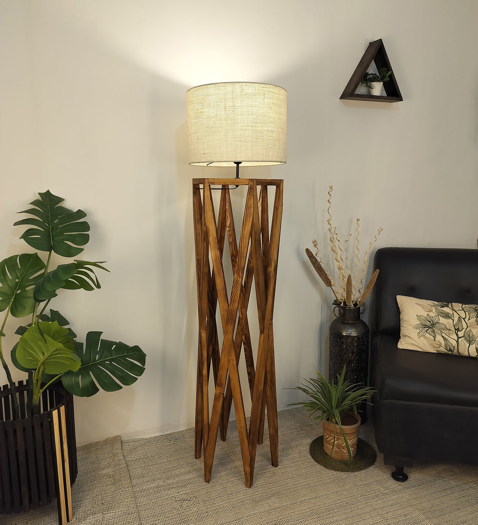 Spectre Wooden Floor Lamp with Brown Base and Jute Fabric Lampshade