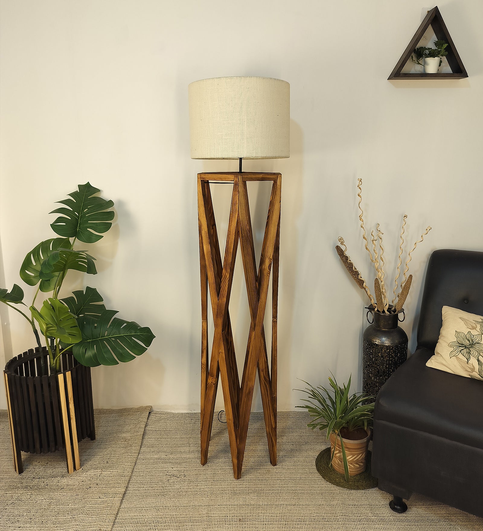 Spectre Wooden Floor Lamp with Brown Base and Jute Fabric Lampshade