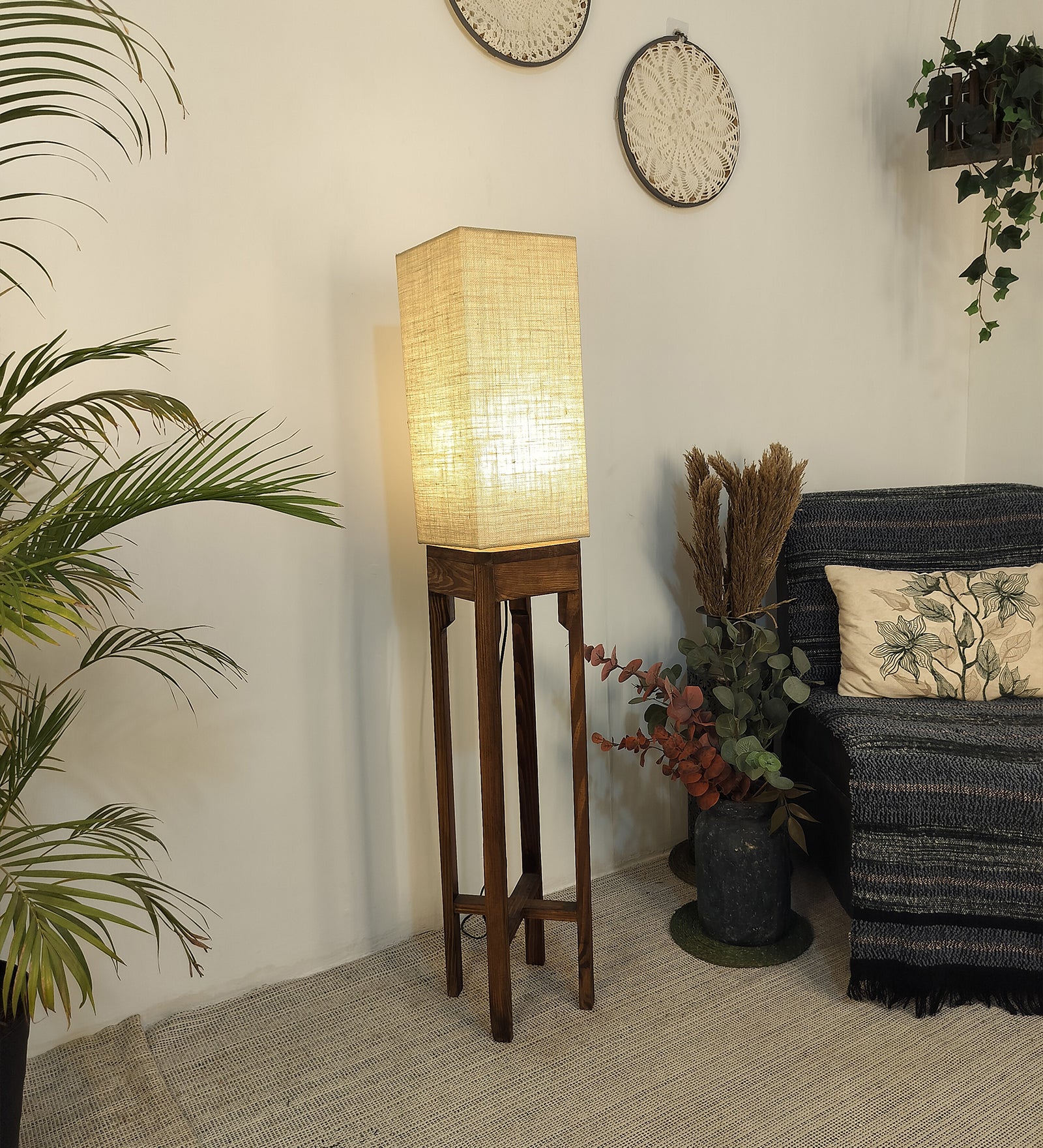 Sputnik Wooden Floor Lamp with Brown Base and Beige Fabric Lampshade (BULB NOT INCLUDED)