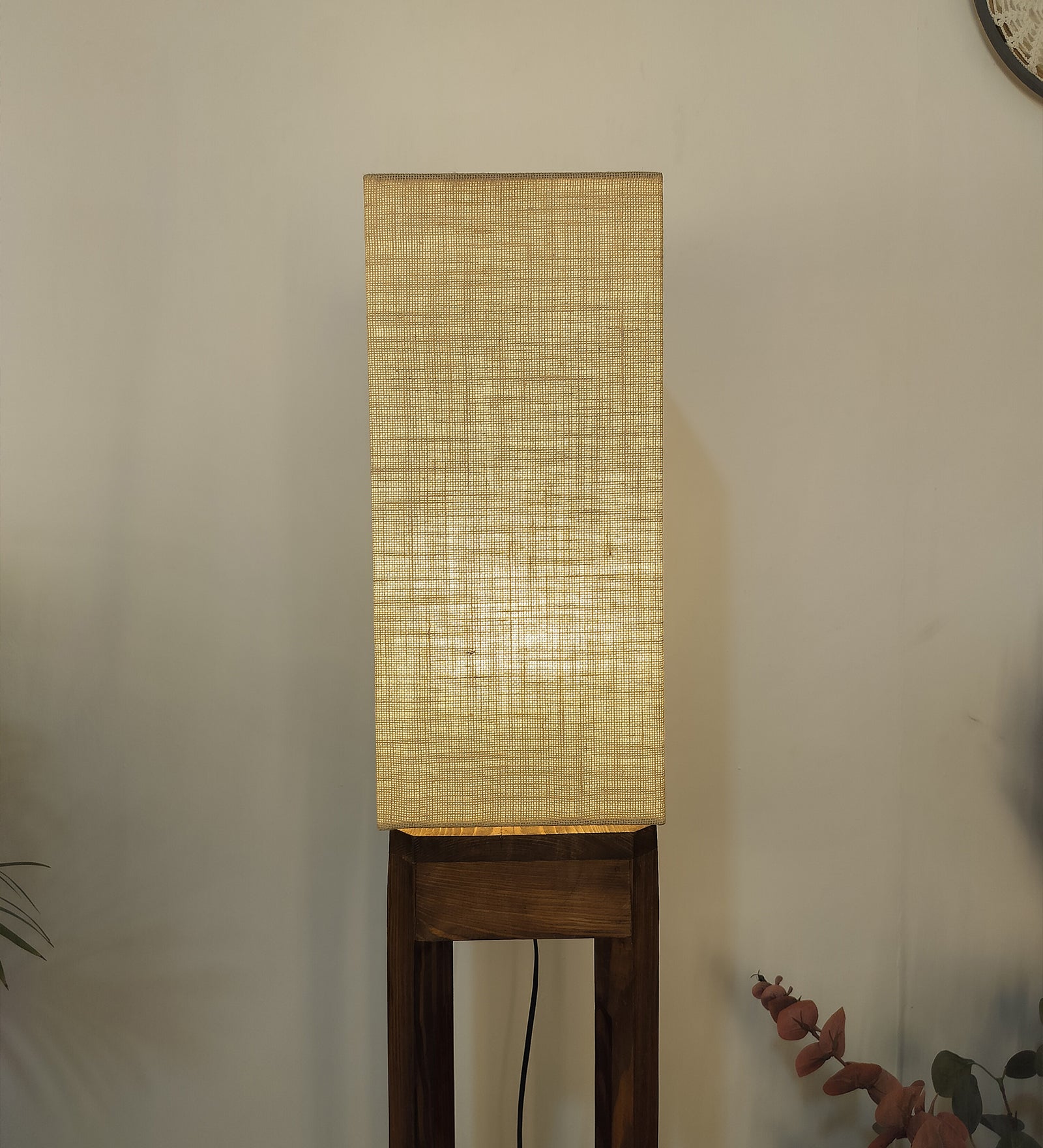 Sputnik Wooden Floor Lamp with Brown Base and Beige Fabric Lampshade (BULB NOT INCLUDED)