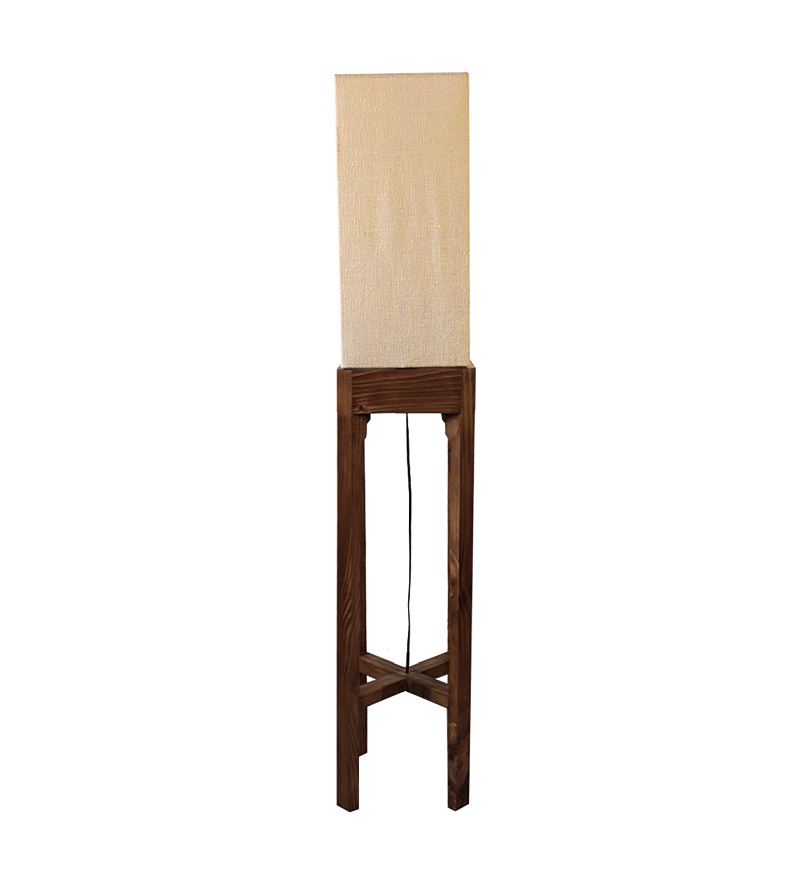 Sputnik Wooden Floor Lamp with Brown Base and Beige Fabric Lampshade