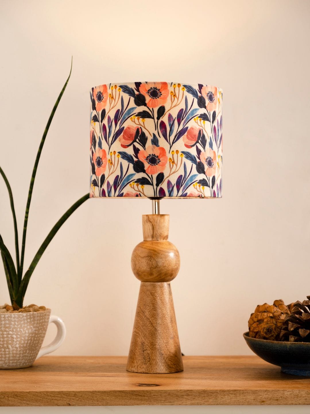 Wooden Skirt Lamp with Multicolor Pink Flowers Shade