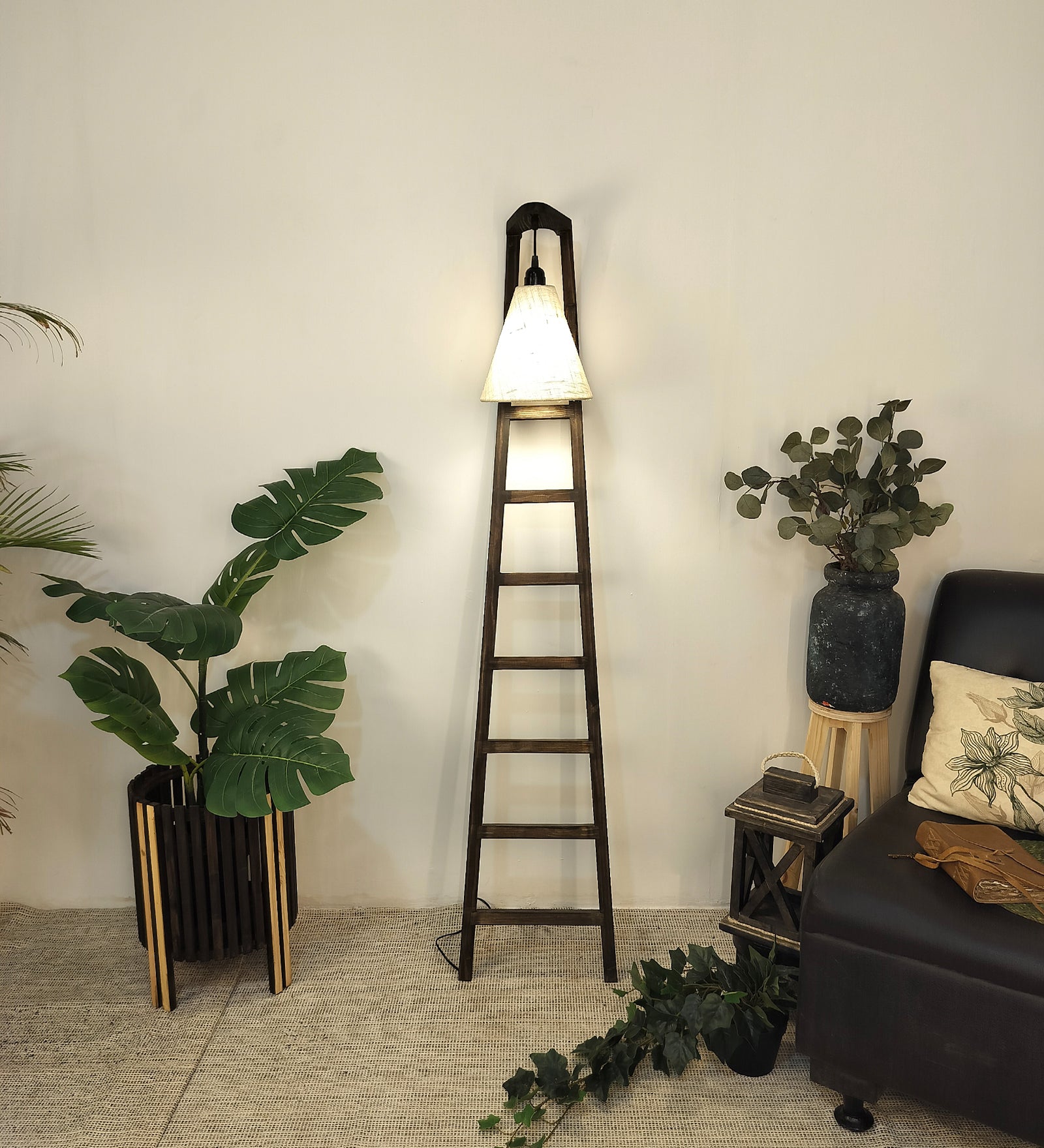 Stairway Wooden Floor Lamp with Brown Base and Jute Fabric Lampshade (BULB NOT INCLUDED)