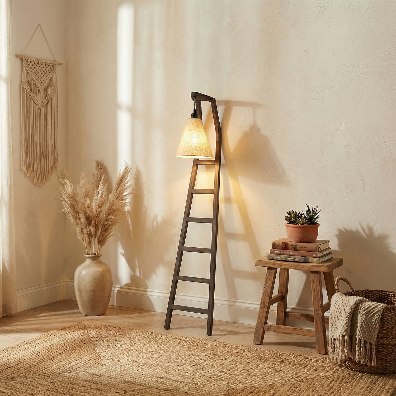 Stairway Wooden Floor Lamp with Brown Base and Jute Fabric Lampshade (BULB NOT INCLUDED)