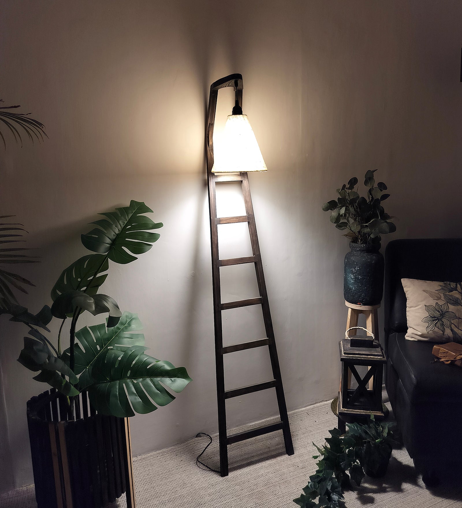 Stairway Wooden Floor Lamp with Brown Base and Jute Fabric Lampshade (BULB NOT INCLUDED)