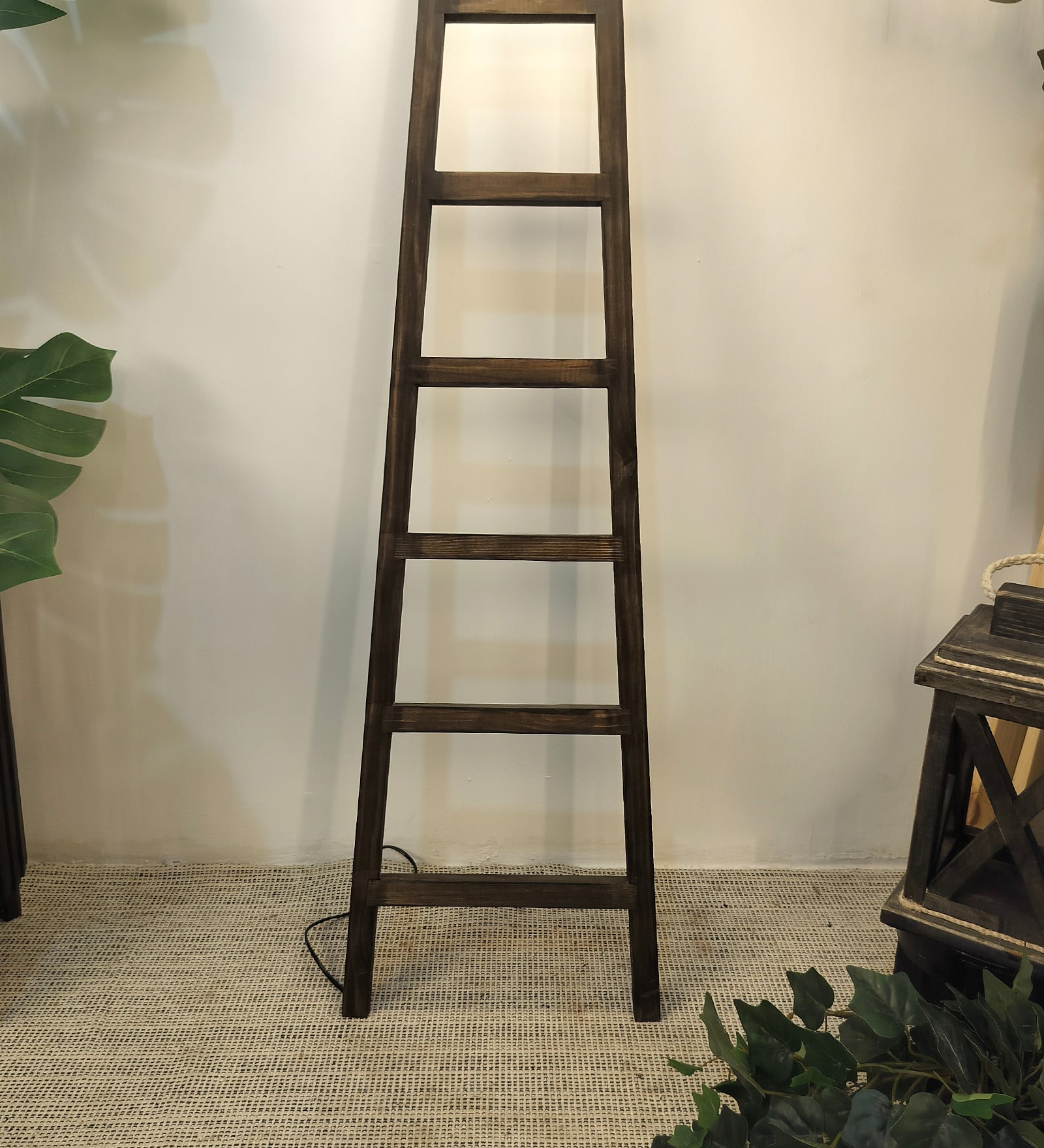 Stairway Wooden Floor Lamp with Brown Base and Jute Fabric Lampshade (BULB NOT INCLUDED)