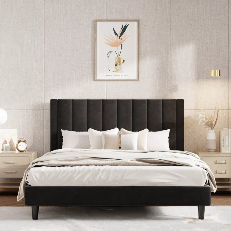 Stauton Upholstered Platform Bed with Velvet and Striped Headboard