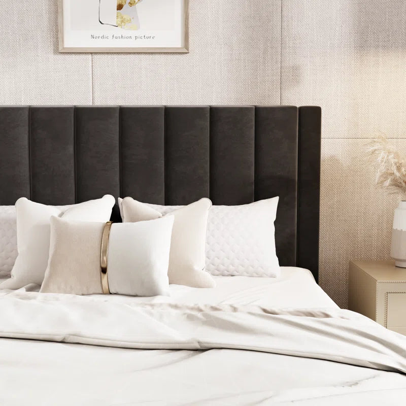 Stauton Upholstered Platform Bed with Velvet and Striped Headboard