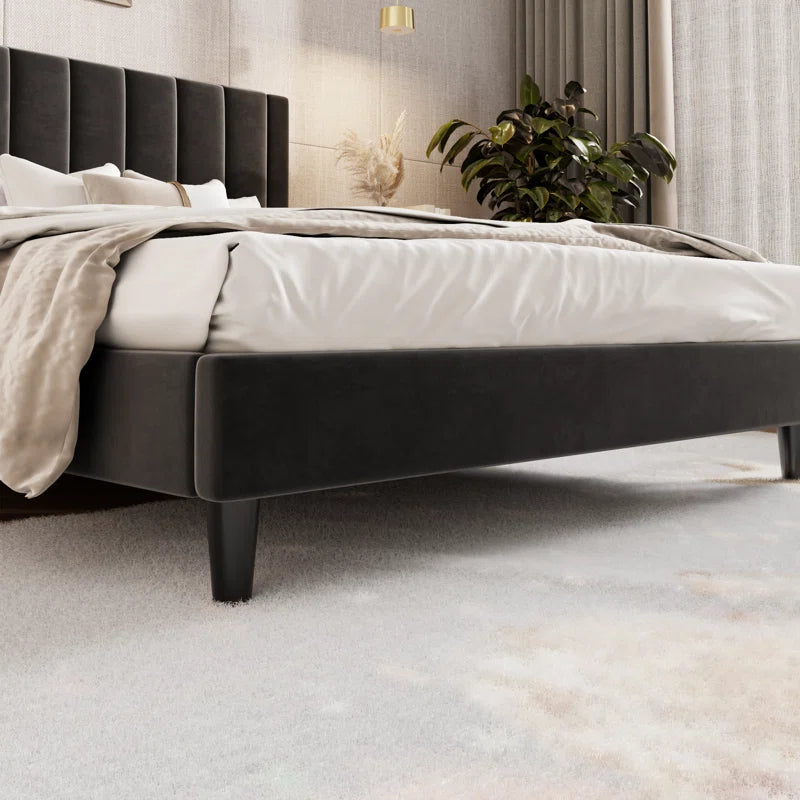 Stauton Upholstered Platform Bed with Velvet and Striped Headboard