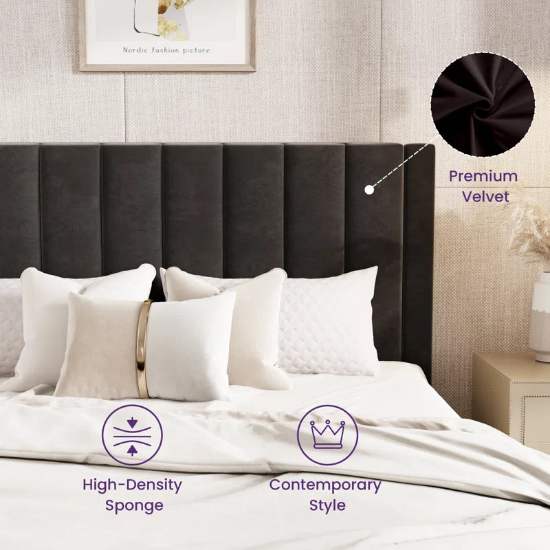 Stauton Upholstered Platform Bed with Velvet and Striped Headboard