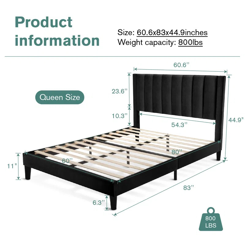 Stauton Upholstered Platform Bed with Velvet and Striped Headboard