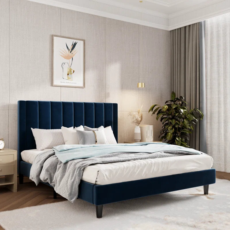 Stauton Upholstered Platform Bed with Velvet and Striped Headboard