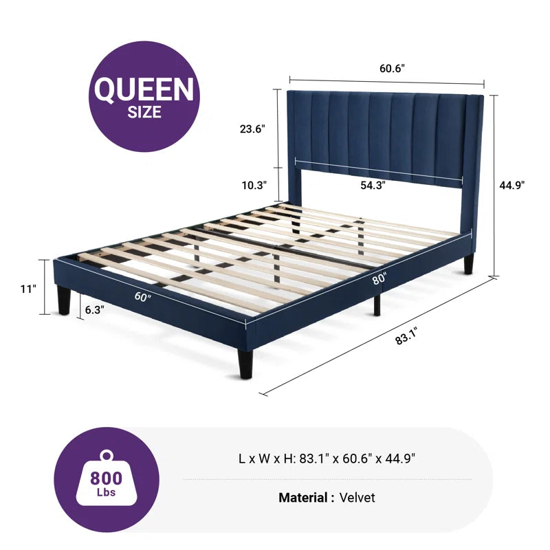 Stauton Upholstered Platform Bed with Velvet and Striped Headboard