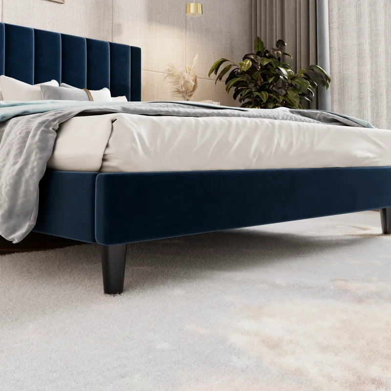 Stauton Upholstered Platform Bed with Velvet and Striped Headboard
