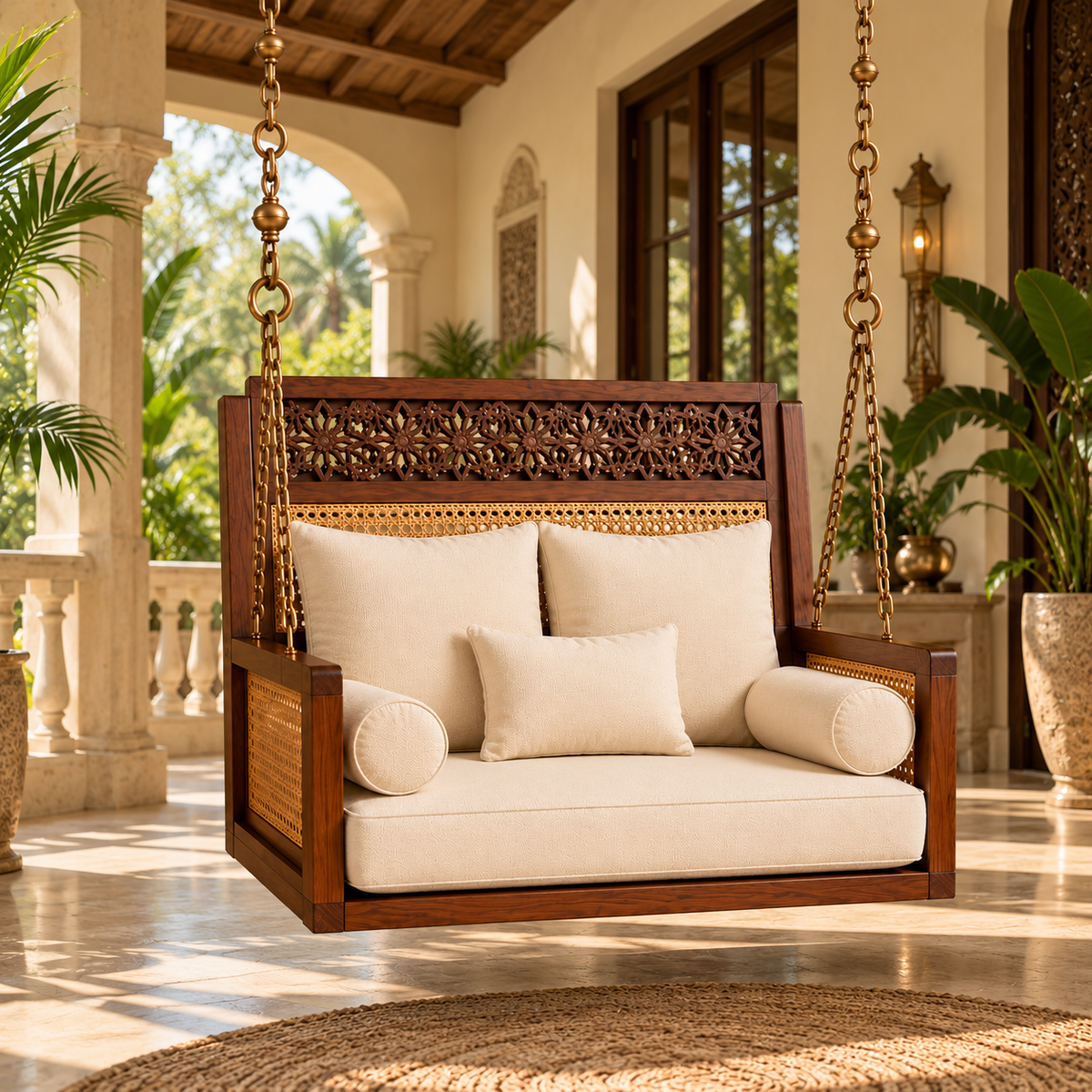 Wooden Swing Chair with Cushions, Carved Backrest & Cane Detailing for Living Room