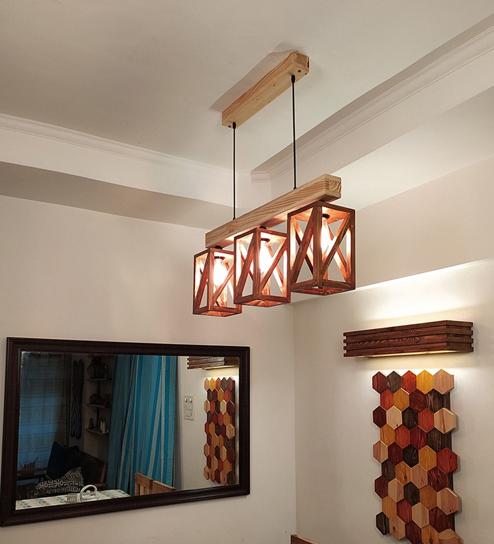 Symmetric Brown & Beige Wooden Series Hanging Lamp (BULB NOT INCLUDED)