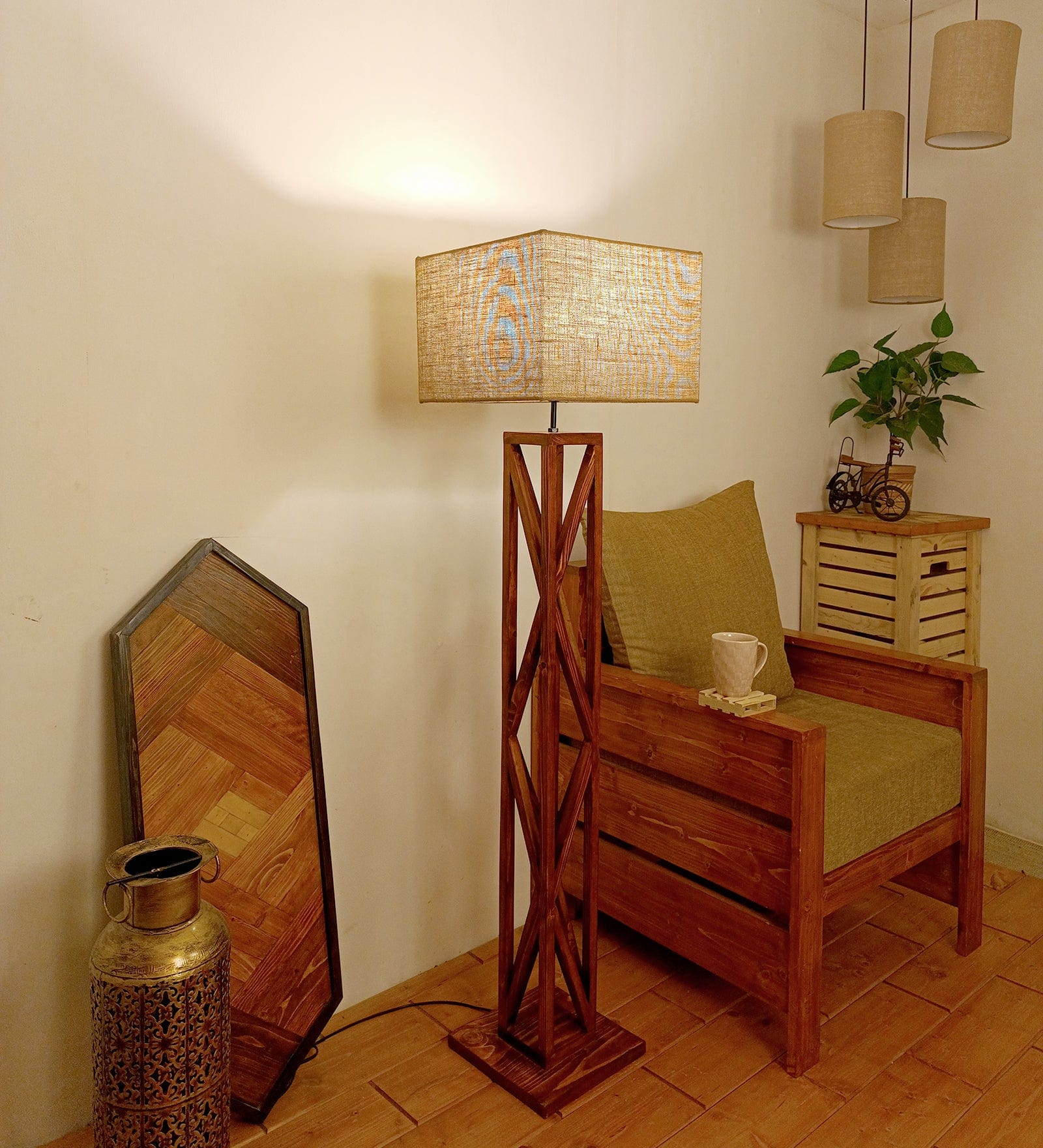 Symmetric Wooden Floor Lamp with Premium Beige Fabric Lampshade (BULB NOT INCLUDED)