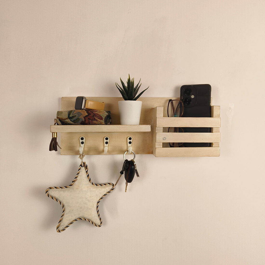 TULIP Wooden Wall Shelf Organiser with Key Holders - OUCH CART | Wall hanging 