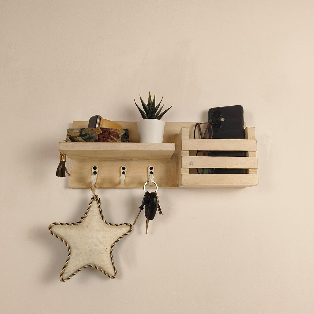 TULIP Wooden Wall Shelf Organiser with Key Holders - OUCH CART | Wall hanging 