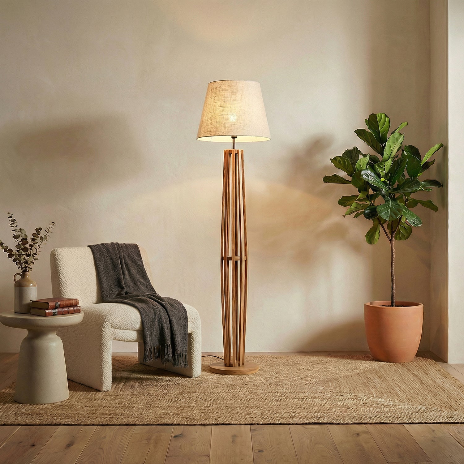 Tall Boy Wooden Floor Lamp With Yellow Printed Fabric Lampshade (BULB NOT INCLUDED)